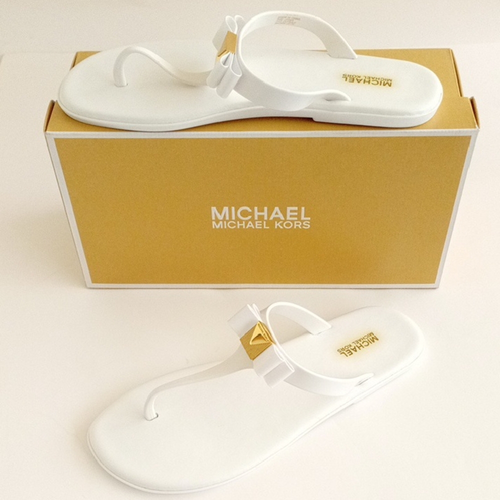 MICHAEL Michael Kors Caroline Jelly Thong PVC White Gold Sandals With Bow WMN 9M - Picture 4 of 16